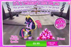 Size: 783x524 | Tagged: safe, gameloft, twilight sparkle, alicorn, pony, g4, my little pony: the movie, advertisement, book, bookhorse, captain twilight, costs real money, female, gem, introduction card, mare, pirate, pirate twilight, that pony sure does love books, twilight sparkle (alicorn)