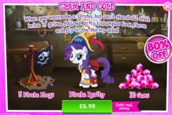 Size: 788x526 | Tagged: safe, gameloft, rarity, g4, my little pony: the movie, advertisement, alliteration, costs real money, gem, introduction card, pirate, pirate rarity, smiling, smirk