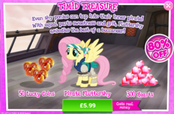 Size: 795x523 | Tagged: safe, gameloft, fluttershy, pony, g4, my little pony: the movie, advertisement, alliteration, bandana, bloomers, costs real money, female, gem, introduction card, pirate, pirate fluttershy, puffy sleeves, solo