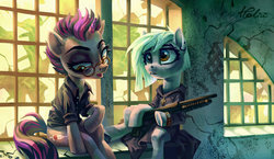 Size: 1024x592 | Tagged: safe, artist:holivi, oc, oc only, pony, unicorn, clothes, commission, duo, ear piercing, earring, eyelashes, eyeshadow, female, glasses, gun, jewelry, makeup, mare, open mouth, piercing, shirt, shotgun, sitting, watch, weapon