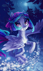 Size: 1024x1707 | Tagged: safe, artist:holivi, oc, oc only, pegasus, pony, bedroom eyes, commission, female, looking at you, mare, moon, snow, solo, tree