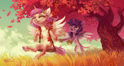 Size: 1024x546 | Tagged: safe, artist:holivi, oc, oc only, alicorn, pony, g4, alicorn oc, body markings, cloud, commission, cottagecore, eyes closed, female, mare, open mouth, signature, sky, smiling, stripes, tree