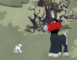 Size: 435x337 | Tagged: safe, gameloft, lord tirek, centaur, goat, g4, changeling kingdom, cloven hooves, crossed arms, dead tree, game screencap, implied thorax, this will end in tears, tree, unamused