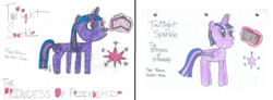 Size: 1372x506 | Tagged: safe, artist:nightshadowmlp, twilight sparkle, alicorn, pony, g4, book, comparison, female, lined paper, redraw, solo, traditional art, twilight sparkle (alicorn)
