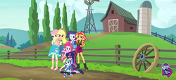 Size: 3840x1756 | Tagged: safe, artist:spike fancy, applejack, fluttershy, pinkie pie, rainbow dash, rarity, sci-twi, sunset shimmer, twilight sparkle, human, equestria girls, fashion photo booth, g4, my little pony equestria girls: better together, converse, equestria girls logo, farm, female, geode of empathy, geode of shielding, geode of sugar bombs, geode of super speed, geode of super strength, geode of telekinesis, humane five, humane seven, humane six, looking at you, magical geodes, ponytail, shoes, smiling, wallpaper