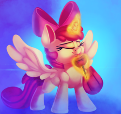 Size: 2000x1886 | Tagged: safe, artist:discorded, apple bloom, alicorn, pony, g4, alicornified, apple, bloomicorn, bow, candy apple, eyes closed, female, filly, food, glowing horn, hair bow, horn, licking, magic, race swap, smiling, solo, tongue out