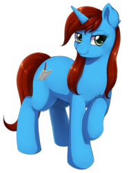 Size: 1863x2300 | Tagged: dead source, safe, artist:evomanaphy, oc, oc only, oc:cyclorra, pony, unicorn, commission, disguise, disguised changeling, female, mare, raised hoof, shy, simple background, smiling, solo, transparent background