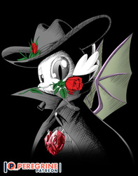 Size: 600x760 | Tagged: safe, artist:phoenixperegrine, spike, dragon, g4, clothes, flower, gem, hat, looking at you, male, patreon, patreon logo, rose, solo, winged spike, wings