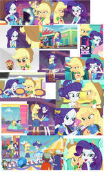 Size: 2000x3322 | Tagged: safe, edit, edited screencap, screencap, applejack, blueberry cake, captain planet, drama letter, normal norman, rainbow dash, rarity, sci-twi, scott green, sunset shimmer, twilight sparkle, watermelody, equestria girls, equestria girls specials, g4, my little pony equestria girls: better together, my little pony equestria girls: rollercoaster of friendship, background human, best friends, collage, converse, female, geode of shielding, geode of super speed, geode of super strength, high res, lesbian, magical geodes, ship:rarijack, shipping, shipping fuel, shoes
