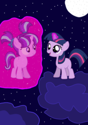 Size: 1000x1414 | Tagged: safe, artist:php185, starlight glimmer, twilight sparkle, pony, unicorn, g4, female, filly, filly starlight glimmer, filly twilight sparkle, full moon, glowing horn, horn, magic, moon, telekinesis, unicorn twilight, younger