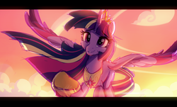 Size: 1920x1160 | Tagged: safe, artist:light262, twilight sparkle, alicorn, pony, g4, colored wings, female, flying, hoof shoes, letterboxing, mare, multicolored wings, older, older twilight, reaching, solo, spread wings, twilight sparkle (alicorn), ultimate twilight, underhoof, wings