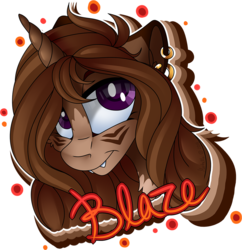 Size: 1000x1032 | Tagged: safe, artist:mychelle, oc, oc only, oc:blaze, pony, unicorn, bust, fangs, female, mare, portrait, simple background, solo, transparent background