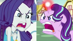 Size: 1024x576 | Tagged: safe, rarity, starlight glimmer, pony, unicorn, all bottled up, equestria girls, equestria girls series, g4, rollercoaster of friendship, angry, comparison, female, house, image macro, magic, mare, meme, open mouth, ragelight glimmer, rarirage, reeee