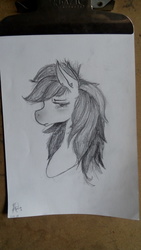 Size: 2304x4096 | Tagged: safe, artist:awesomedude14, derpibooru exclusive, rainbow dash, pony, g4, bust, ear piercing, female, looking at you, monochrome, paper, pencil drawing, photo, piercing, sad, solo, traditional art
