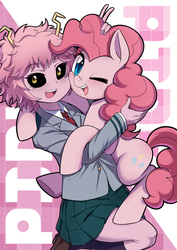Size: 1800x2545 | Tagged: safe, artist:caibaoreturn, pinkie pie, earth pony, pony, g4, anime, cheek squish, clothes, crossover, cute, diapinkes, duo, female, happy, holding a pony, hug, looking at you, mare, mina ashido, minapie, moe, my hero academia, one eye closed, open mouth, pink, pleated skirt, shoes, skirt, smiling, socks, squishy cheeks, sweet dreams fuel, u.a. high school uniform