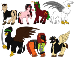 Size: 2100x1650 | Tagged: safe, artist:anxiousshadowpetals, oc, oc only, oc:bright sparks, oc:doctor nevermore, oc:roaring, oc:scarlet letter, oc:tinderspark, oc:whitestone, oc:zugzwang, bird, crow, griffon, pegasus, pony, unicorn, fanfic:ponyville noire, antagonist, bullet, cigarette, cigarette holder, commission, fanfic art, flamethrower, gas mask, griffon oc, mask, plague doctor, plague doctor mask, scar, scowl, simple background, sword, transparent background, weapon