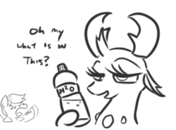 Size: 492x365 | Tagged: safe, artist:jargon scott, thorax, changedling, changeling, pony, g4, alex jones, angry, bedroom eyes, bottle, bust, dialogue, duo, frown, girly, glare, grayscale, hoof hold, king thorax, lidded eyes, lineart, male, monochrome, open mouth, ponified, simple background, smiling, stallion, tongue out, water, white background, yelling