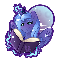 Size: 1700x1800 | Tagged: safe, artist:hiloumuns, princess luna, alicorn, pony, g4, book, female, magic, mare, moon, s1 luna, simple background, solo, telekinesis, white background