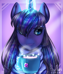 Size: 2900x3400 | Tagged: safe, artist:hiloumuns, princess luna, alicorn, pony, g4, coffee mug, female, high res, looking at you, magic, mare, mug, solo, telekinesis