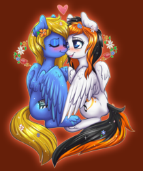 Size: 1615x1921 | Tagged: safe, artist:confetticakez, oc, oc only, oc:agrippa, oc:rainy sky, pegasus, pony, blushing, cutie mark, female, flower, fluffy, glimmersky, heart, hoof fluff, hoof hold, lesbian, love, oc x oc, shipping, wings