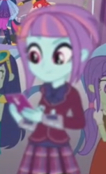 Size: 354x581 | Tagged: safe, screencap, blueberry cake, starlight, sunny flare, equestria girls, equestria girls specials, g4, my little pony equestria girls: better together, my little pony equestria girls: rollercoaster of friendship, blurr, clothes, cropped, crystal prep academy uniform, phone, school uniform, solo focus, sunny flare's wrist devices