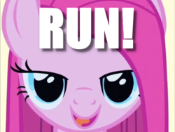 Size: 480x360 | Tagged: safe, pinkie pie, earth pony, pony, g4, female, image macro, lidded eyes, looking at you, mare, meme, open mouth, pinkamena diane pie, run, simple background, white background