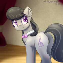 Size: 1500x1500 | Tagged: dead source, safe, artist:airfly-pony, octavia melody, earth pony, pony, rcf community, g4, bowtie, butt, cheek fluff, dock, ear fluff, featureless crotch, female, happy, long tail, looking back, looking up, mare, plot, smiling, solo