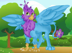 Size: 4120x3000 | Tagged: safe, artist:euspuche, oc, oc only, oc:gyro feather, oc:gyro tech, griffon, forest, griffonized, looking at you, smiling, species swap, tree