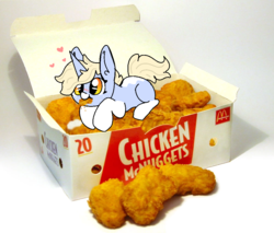 Size: 1000x850 | Tagged: safe, artist:nootaz, oc, oc:nootaz, pony, unicorn, box, chicken nugget, cute, eating, female, food, heart, mare, mcdonald's, mouth hold, ponies eating meat
