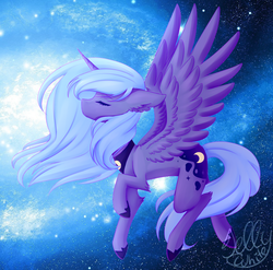 Size: 1215x1200 | Tagged: safe, artist:rizetka, princess luna, alicorn, pony, g4, eyes closed, female, galaxy, mare, s1 luna, solo, stars