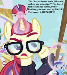 Size: 576x648 | Tagged: safe, edit, edited screencap, editor:korora, screencap, minuette, moondancer, twinkleshine, pony, unicorn, amending fences, g4, angry, canterlot, chemistry joke, clothes, cropped, female, glasses, hat, implied prince blueblood, innuendo, insult, magic aura, mare, misnaming, party hat, periodic table, pickup line, stick, sweater, text