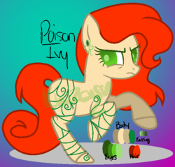 Size: 653x625 | Tagged: safe, artist:keywoods, artist:lullabyprince, oc, oc only, oc:poison ivy (ice1517), earth pony, pony, base used, batman, dc comics, ear piercing, earring, female, gradient background, jewelry, mare, piercing, poison ivy, solo, tattoo, unamused, vine