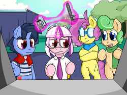 Size: 1280x960 | Tagged: safe, artist:zanezandell, oc, oc only, oc:kid prodigy, oc:krabby, oc:sugarbolt, oc:truffle mint, earth pony, pegasus, pony, unicorn, comic:cmcnext, angry, ascot, bipedal, cape, clothes, cmcnext, colt, crossed arms, frown, glasses, glowing horn, goggles, horn, lever, levitation, magic, magical gay spawn, magical lesbian spawn, male, necktie, offspring, parent:bon bon, parent:fluttershy, parent:lyra heartstrings, parent:oc:bright idea (cmcn), parent:oc:prodigious intellect, parents:lyrabon, scarf, scientific gay spawn, shirt, telekinesis, wrench