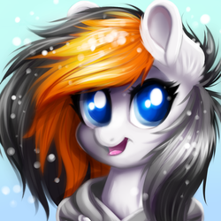 Size: 1000x1000 | Tagged: safe, artist:confetticakez, oc, oc only, oc:rainy sky, pegasus, pony, bust, clothes, ear fluff, female, hoodie, looking at you, mare, portrait, snow, solo