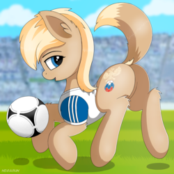Size: 2048x2048 | Tagged: safe, artist:negasun, earth pony, pony, butt, dock, female, football, high res, mare, plot, ponified, rule 63, russia, soccer field, solo, sports, world cup, world cup 2018, zabivaka