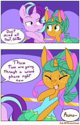 Size: 1280x1986 | Tagged: safe, artist:kryptchild, snails, starlight glimmer, pony, unicorn, ask glitter shell, comic:glim glam and pals, g4, alternate hairstyle, bow, clothes, comic, crossdressing, cute, dress, giggling, glitter shell, hair bow, speech bubble