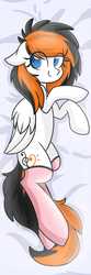 Size: 640x1920 | Tagged: safe, artist:meowmavi, oc, oc only, oc:rainy sky, pegasus, pony, blushing, body pillow, body pillow design, clothes, cutie mark, female, floppy ears, folded wings, full body, lace, looking at you, looking over shoulder, lying down, lying on bed, mare, on side, pink socks, smiling, socks, solo, thigh highs, wings, ych result