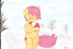 Size: 2200x1500 | Tagged: safe, artist:ponyxwright, scootaloo, pony, semi-anthro, g4, bipedal, clothes, eyes closed, female, hind legs, legs together, scarf, snow, solo