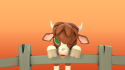 Size: 1080x607 | Tagged: safe, artist:hbits, arizona (tfh), cow, them's fightin' herds, 3d, cloven hooves, community related, female, fence, gradient background, looking at you, one eye closed, solo, tongue out