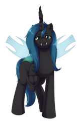 Size: 1456x2379 | Tagged: dead source, safe, artist:evomanaphy, oc, oc only, oc:cyclorra, changeling, changeling oc, changeling princess, fangs, looking at you, simple background, smiling, solo, transparent background, underhoof