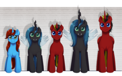 Size: 3071x1933 | Tagged: dead source, safe, artist:evomanaphy, oc, oc only, oc:blazing light, oc:cyclorra, alicorn, changeling, pony, unicorn, alicorn oc, changeling oc, disguise, disguised changeling, fangs, female, looking at you, male, mare, size chart, size comparison, smiling, stallion, standing