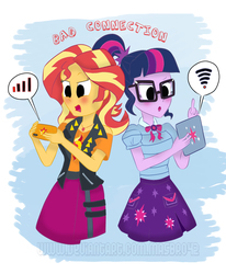 Size: 2096x2544 | Tagged: safe, artist:masbro42, sci-twi, sunset shimmer, twilight sparkle, equestria girls, g4, my little pony equestria girls: better together, blushing, cellphone, engrish in the description, high res, phone, smartphone, tablet, wi-fi