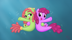 Size: 2304x1296 | Tagged: safe, artist:kalyandra, berry punch, berryshine, tree hugger, earth pony, seapony (g4), g4, blushing, bubble, crepuscular rays, digital art, dorsal fin, fin, fish tail, flowing mane, flowing tail, happy, hug, looking at each other, looking at someone, ocean, open mouth, open smile, scales, seaponified, seapony berry punch, seapony tree hugger, signature, smiling, smiling at each other, species swap, sunlight, swimming, tail, underwater, water