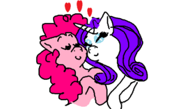 Size: 610x384 | Tagged: safe, artist:tmntfan85, pinkie pie, rarity, earth pony, pony, unicorn, g4, eyes closed, female, heart, lesbian, mare, ship:raripie, shipping, simple background, smiling, white background