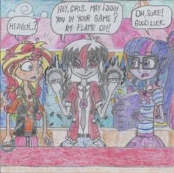 Size: 1544x1538 | Tagged: safe, artist:nephilim rider, sci-twi, sunset shimmer, twilight sparkle, oc, oc:heaven lost, equestria girls, equestria girls specials, g4, my little pony equestria girls: better together, my little pony equestria girls: rollercoaster of friendship, traditional art