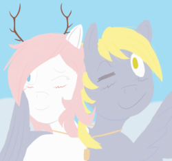 Size: 1270x1187 | Tagged: safe, artist:seikenryu, derpy hooves, oc, oc:snowy, pony, g4, antlers, noose, simple background
