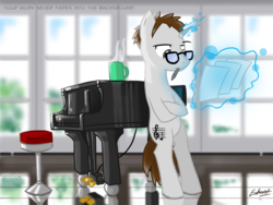 Size: 2000x1500 | Tagged: safe, artist:edvedd, pony, unicorn, bipedal, bipedal leaning, composer, glowing horn, horn, leaning, magic, mouth hold, musical instrument, piano, ponified, solo, stool, telekinesis, william anderson, window