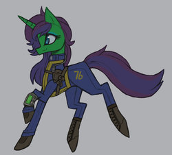 Size: 940x851 | Tagged: safe, artist:raptor007, oc, oc:fantasia charm, pony, fallout equestria, clothes, crossover, fallout, fallout 76, female, gray background, jumpsuit, mare, pipboy, pipbuck, simple background, vault suit