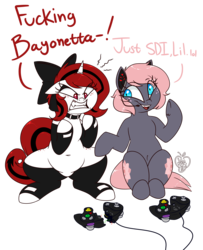 Size: 2600x3200 | Tagged: safe, artist:notenoughapples, oc, oc:lilith, oc:vedalia rose, pony, unicorn, angry, belly button, chubby, clothes, controller, dialogue, gamecube controller, headset, high res, sharp teeth, simple background, super smash bros., teeth, transparent background