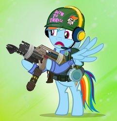 Size: 900x932 | Tagged: safe, artist:pixelkitties, rainbow dash, pegasus, pony, g4, alien (franchise), bipedal, crossover, duct tape, female, flamethrower, full metal jacket, gun, m240 incinerator unit, m41a pulse rifle, mare, rifle, solo, weapon